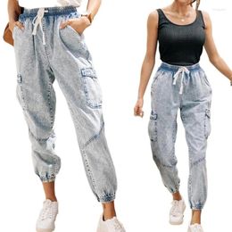 Women's Jeans Korea Fashion Women Elastic Waist Loose Hole Vintage Denim Harem Pants Patchwork Pocket Jean Top Quality Plus Size