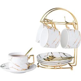Serve of 4 Hand Printed Golden Matte Ceramic Marble Tea CoffeeTea Cups with Spoons and Cup Holder 7OZ TCS26 240510