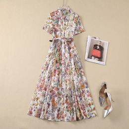 Europe and the United States women's 2024 summer new lapel Short sleeve flower print fashion Belt pleated cotton dress