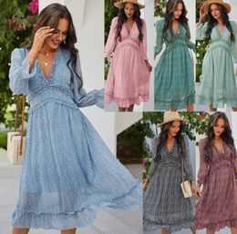 2021 Women Luxurys Designers Dresses Evening Party wear Long Sleeve sexy v neck beach dress Loose Sundress womens clothes Print ruffle shirt6884544