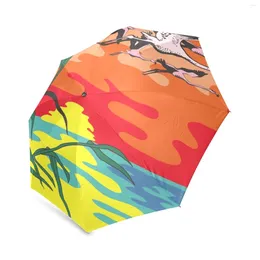 Umbrellas Flamingo Flying Foldable Umbrella Pongee Windproof Pocket Portable Sun Ascending Over River Travel Women Lovers Gift
