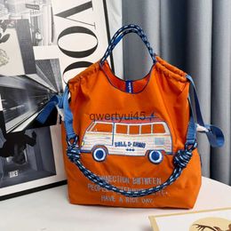 Shoulder Bags Overlarge Bus Embroidery Nylon Eco Women Shoulder Bag Rope Drstring Designer Bags for Women Handbag Shopper Purses H24523