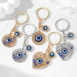Keychains Irregular Heart Floral Turkish Evil Eye Keychain For Women Couple Zircon Retro Hollow Round Blue Tassel Bag Box Car Key Ring