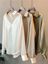 Women's Blouses High Quality Elegant Imitation Silk Blouse Spring Women Fashion Long Sleeves Satin Vintage Femme Stand Street Shirts