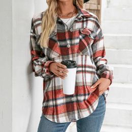 Women's Polos Women Green Plaid Shirt Jacket Tops And Blouse 2024 Winter Thick Wool Coat Casual Long Skeeve Plus Size Female