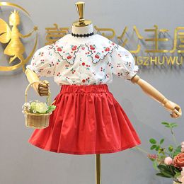 Summer New Girl Clothes Embroidered Cherry Lace Lapel Top+Elastic Waist Skirt Two-Piece Baby Kids Suit Children'S Clothing L2405