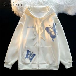 Men's Hoodies American Retro Embroidered Butterfly Cardigan Zipper Thin Jacket Men Women Loose Lazy Style Hooded Plus Velvet Trendy