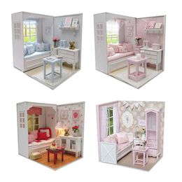 Doll House Accessories DIY Doll House Casa Mini Furniture Set Pink Princess House Model Assembly Toy Childrens Girls Adult Birthday Gift Q240522