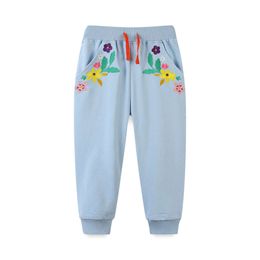 Jumping Meters 2-7T Girls Sweatpants Floral Embroidery Autumn Spring Drawstring Baby Trousers Toddler Full Length Pants Kids L2405