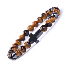 Beaded 6Mm Tiger Eye Lava Stone Bracelet Crystals Healing Power Natural Gemstone Cross Charm Bracelets For Women Fashion Jewellery Dro Dhj3K