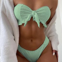 Women's Swimwear Bikini High Waist Strapless Sexy Swimsuit Separate Pure Color Lace Top Padded Bathing Suit Beachwear 2024