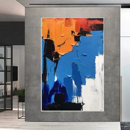 Hand-painted Art Colourful Knife Painting Blue Abstract Handmade Oil Painting Canvas Living Room Picture Wall Fashion Decorative 240507