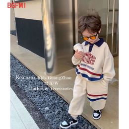 Korean Kid Set Boy Suit 2023 Spring Autumn Fashion Letter Print Baby Girls 2pcs Outfits Clothes Lapel Cotton Sweater + Pant L2405