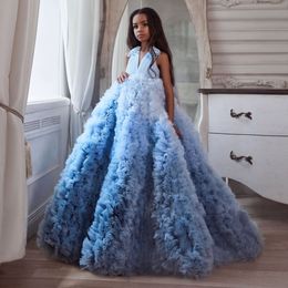 Light Sky Blue Ruffled Beaded Flower Girl Dresses For Wedding Backless Toddler Pageant Gowns Sweep Train Tulle Kids Prom Dress 327S