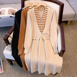 Casual Dresses V Neck Knee-length Knit Dress For Women 2024 Female Elegant Stripe Patchwork Large Size Autumn Winter Black Apricot Cloth