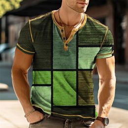2023 Fashion Trend Button TShirt Mens Summer Breathable Undershirt Cool Plaid Elements 3D Printed Short Sleeve Top 240513