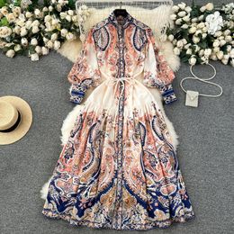Casual Dresses Retro Paisley Print Dress Women 2024 Spring Stand Collar Long Lantern Sleeve Lace Up Holiday Party Maxi Vestidos 6591
