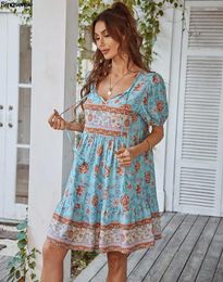 Casual Dresses Women's Summer Boho Mini Dress Vintage Ethnic Style Loose Fit Bohemian Tunic Floral Printed Short Flowy Beach