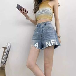 CHANNEL TOP Quality 2024 Year New Retro Tassel Edge Gradient Wash and Wear out Letter Printed Denim Shorts for Women chanells