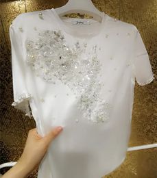 Fairy White Heavy Pearls Beaded White Satin T-Shirts Large 3D Flowers Embroidery Sequins Faux Silk Chiffon Shirt Tees Light Tops 240522