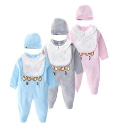 3pcs set with cap bibs Newborn baby onesies Rompers cotton bear printed long sleeves jumpsuit jumpsuits toddle infant kids designe2609879