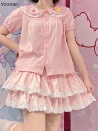 Skirts Sweet Lolita Cake Summer Women Kawaii Lace Ruffles Pleated Tiered Skirt Japanese Girly High Waist A-Line Y2k Mini