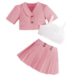 Clothing Sets Toddler Kids Girls Summer Clothes Solid Short Sleeve Coat Suit Camisole Crop Tops Skirt Outfits 3Pcs Set