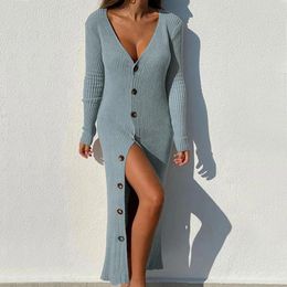 Casual Dresses OMSJ Elegant Knitted Single-Breasted V Neck Dress Office Ladies Slim Split Autumn Winter 2024 Vestidos Ribbed Midi Robe