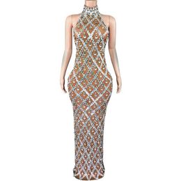 Basic Casual Dresses Sparkly Rhinestones Sleeveless Long Dress Elegant Dark Mesh Celebration Evening Wedding Ball Dress Birthday Dress Photo Dress J240523