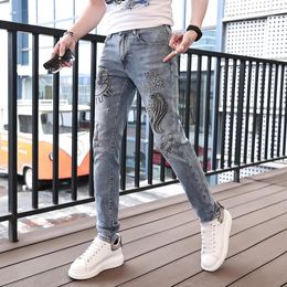 Men's Jeans 2024 Spring And Summer European Men Heavy Iron Drill Printing Tide Handsome Casual Slim Retro Small Leg Pants