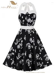 Casual Dresses SISHION 2024 Summer Halter Pin Up Women Dress VD4010 Black Yellow Blue A Line Party Printed Floral