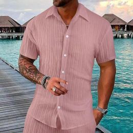 Men's Casual Shirts Striped Texture Mens Short Sleeve Buttoned Turn-down Collar Leisure Shirt 2024 Summer Fashion Pure Color Men