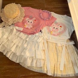 Work Dresses 2 Piece Sets Women Drawstring Print Tshirts Lace Trim Elastic Waist Mini Skirts Cute Set Sweet Girl Kawaii Clothes