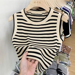 Women's Tanks 2024 Women Summer Striped Knitted Tank Tops Female Round Neck Sleeveless Ladies Clothing Slim Fit Short Vest H16