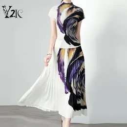 Work Dresses Y2K Clothes Designer Fashion In Aesthetic Print Summer T Shirt Top Blouses And Midi Pleated Skirt Two Piece Set Suit Outfits