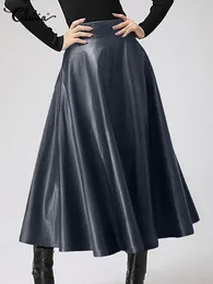 Skirts Celmia Fashion Women Long 2024 Spring PU Leather Faldas Elegant High Waist A-line Midi Skirt Casual Loose OL Swing Jupes