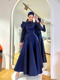 Party Dresses Stain Beaded Muslim Evening Dress Long Sleeve High Neck Prom Formal Gown Arabic Dubai Women A Line Moroccan Caftan