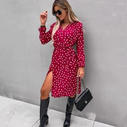 Casual Dresses Women Office Lady Knee Length Shirt Dress Sexy V Neck Long Sleeve Lace Up Front Split Red White Black Solid Eleant Party