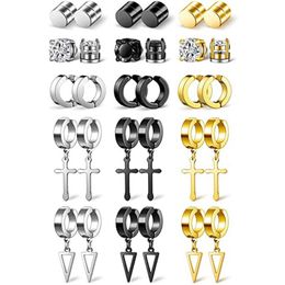 Stud 15 Pairs Magnetic Fake Earrings Stainless Steel Cross Dangle Hoop Non-piercing Unisex Clip On Earring 249f