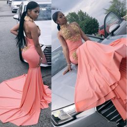 2022 Mermaid High Neck Prom Dresses With Gold Appliques Sexy Bodice Sweep Train Long Party Gowns For Black Girls vestidos 2945
