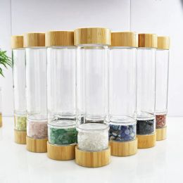 500ml Natural crystal energy stone glass water bottle crushed quartz healing crystal bottles with Bamboo Cap ZZ