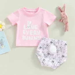 Clothing Sets Born Baby Girls Summer Casual Clothes Easter Letter Print Short Sleeved T-shirt Plush Ball Shorts Infant Outfit Set