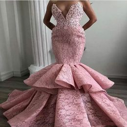 Sexy Sweetheart Lace Arabic Mermaid 2019 Pink Evening Dresses Pageant Tiers Long Prom Occasion Gowns Vestido de noche Party Wear For Wo 308i