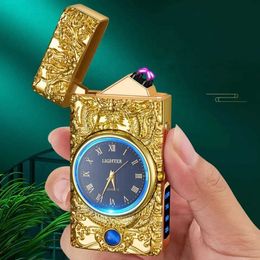 Lighters Multi functional digital power display dual arc pulse electronic light quartz watch mens gift cigar light Q240522