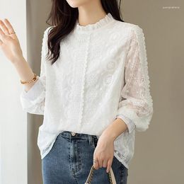 Women's Blouses QOERLIN Ruffles Collar Long Sleeve Tops White Shirts Women Keyhole Lace Embroidered Folar Blouse With Liner Elegant OL
