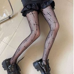 3PCS Women Sexy Cross Print Fish Net Tights Long High Nylon Socks Transparent Hollow Out Body Stockings Black Mesh Fishnet Pantyhose