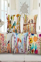 watercolor birds cushion cover country oil painting couch lounge throw pillow case decorative colorful almofada linen cojines3742734