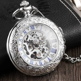 Antique Full Silver Stainless Steel Pocket Watch Mechanical Men Steampunk Vintage Hand-wind Engraved Fob Pendant Clock Women 240523
