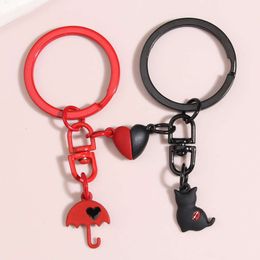 Cute Enamel Keychain Umbrella Cat Ring Heart Magnetic Button Key Chains Friendship Gifts For Women Men DIY Handmade Jewellery