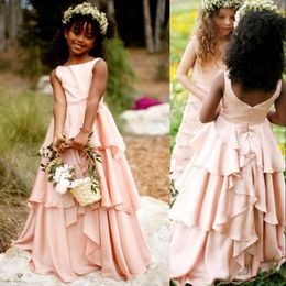 New Cheap Blush Pink Flower Girls Dresses For Wedding Jewel Neck Satin Ruffles Princess Long Zipper Back Children Kids Party Communion 3063